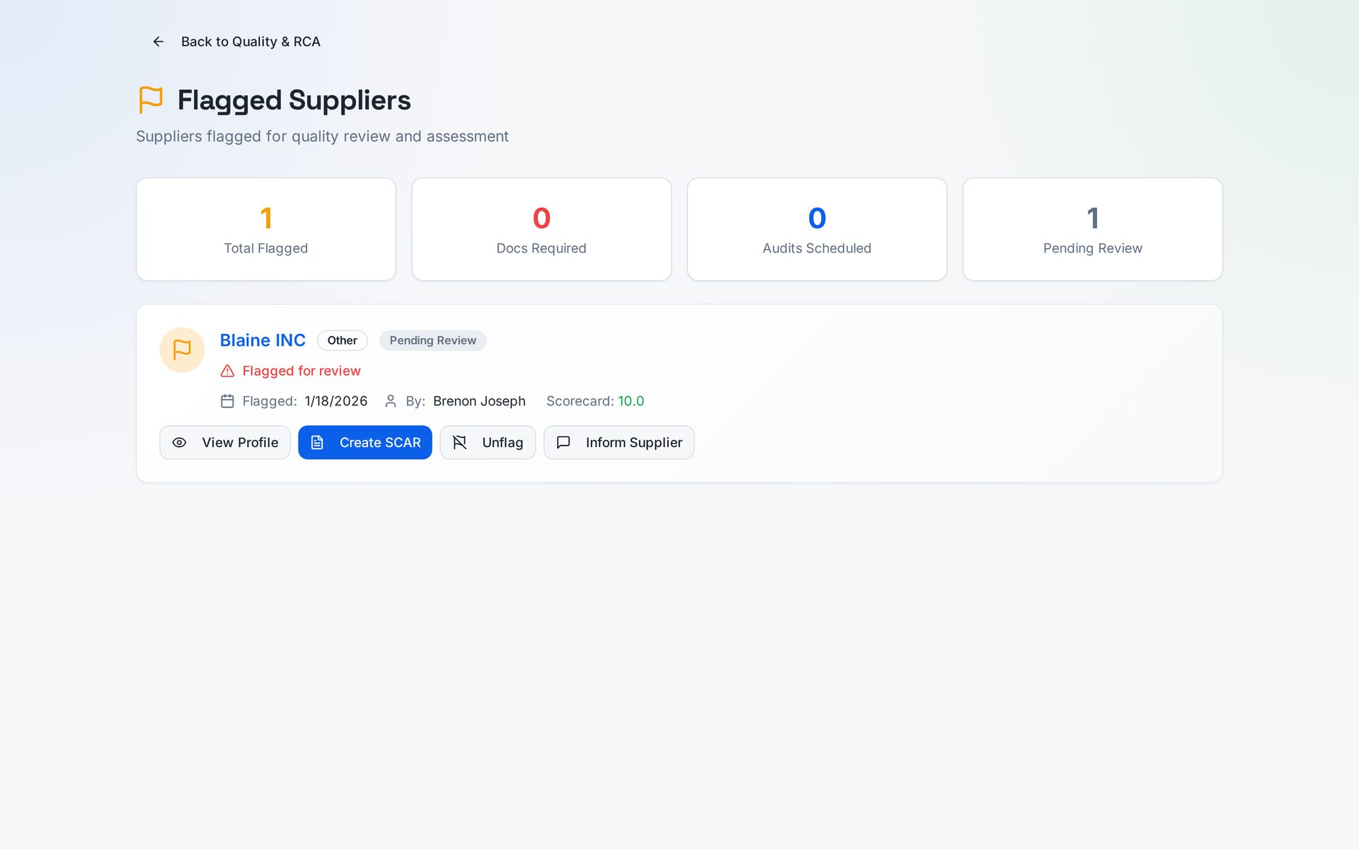Flagged suppliers view highlighting performance alerts and risk scores