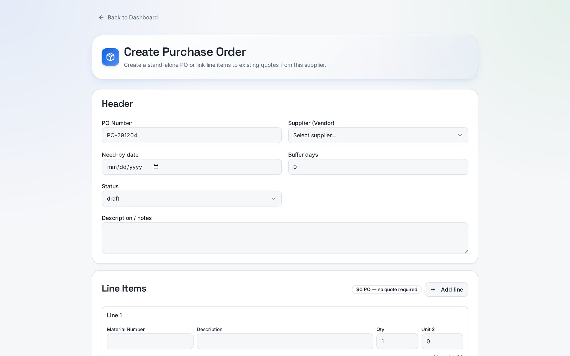 Purchase order creation screen with line items, need-by date and net order value