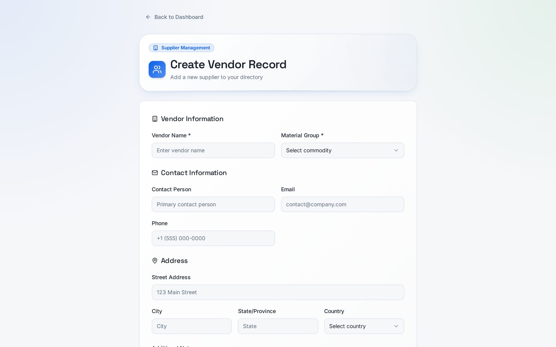 Add supplier form with company details, commodity and certification fields