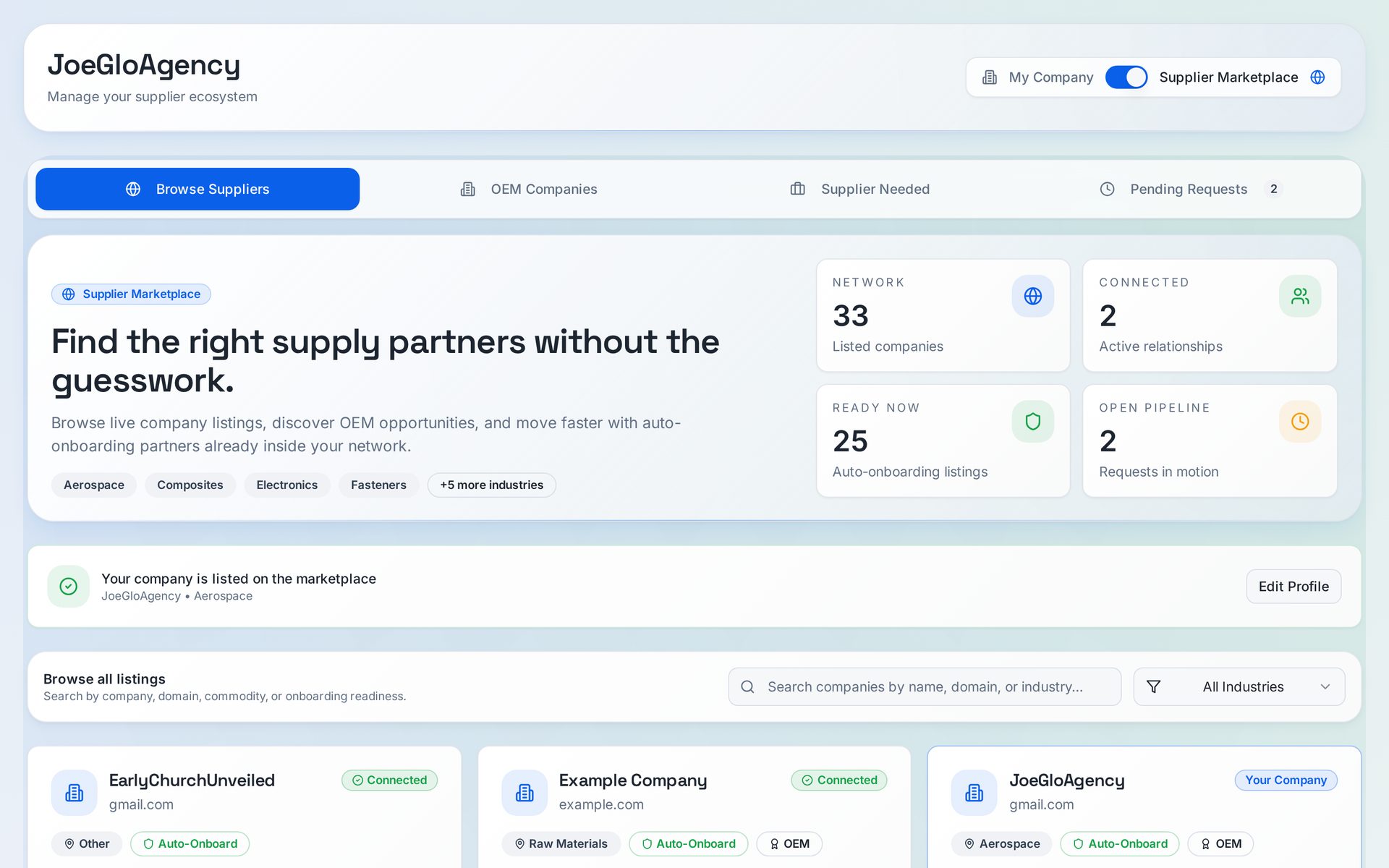 Supplier marketplace showing qualified suppliers filtered by capability and certification