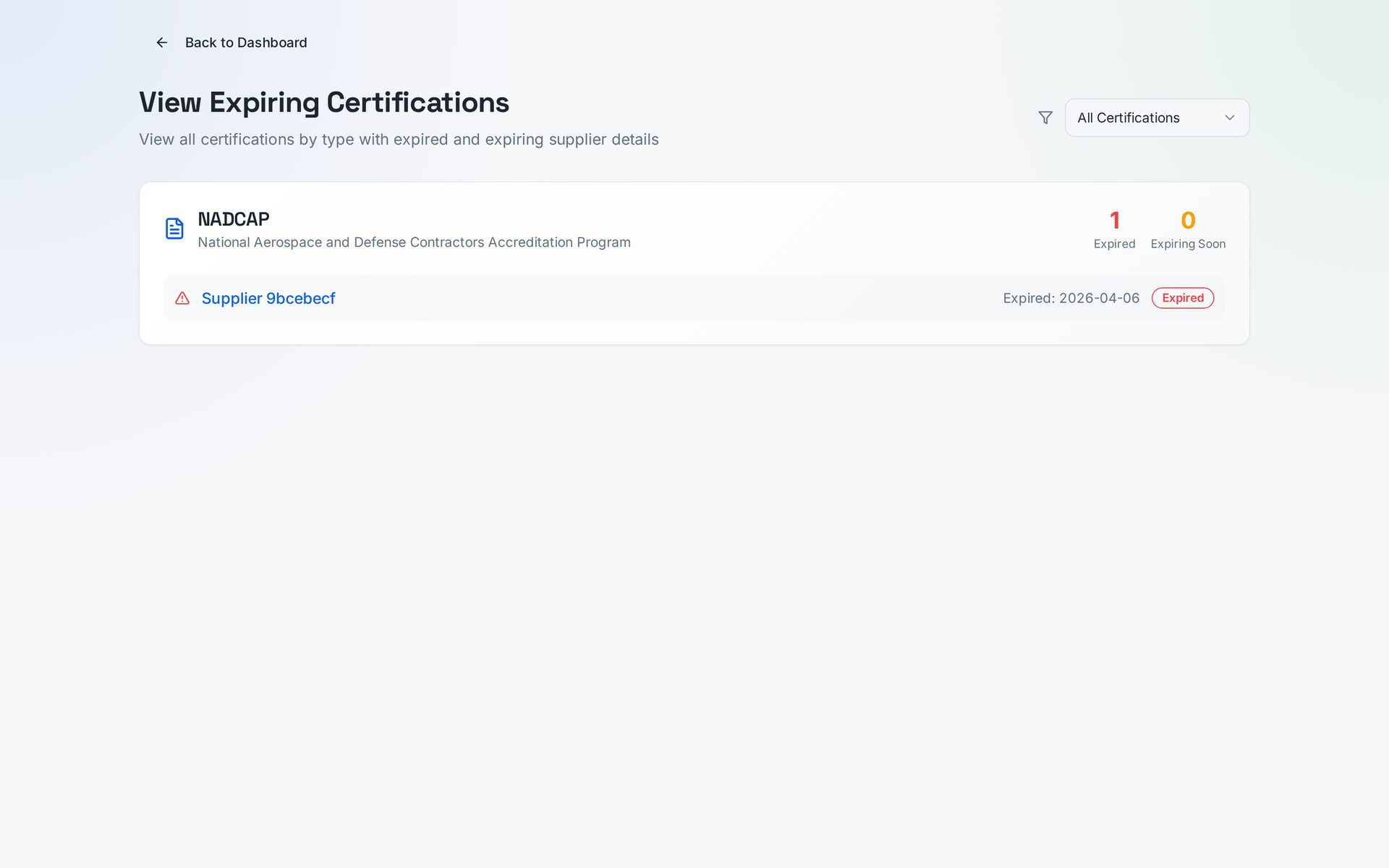 Certification tracking page listing AS9100 and ISO 9001 certificates with expiry dates